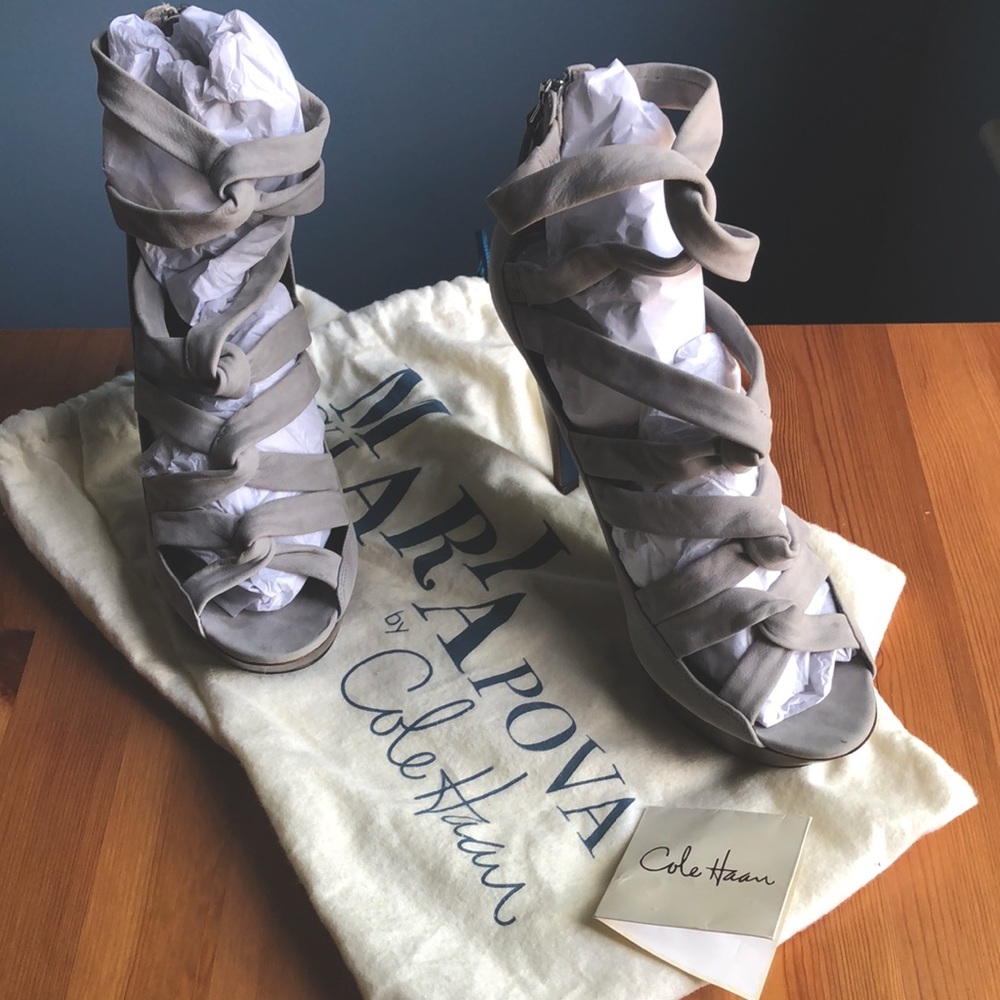 New: Maria Sharapove by Cole Hann Grey Suede Platform, Strappy Heel
